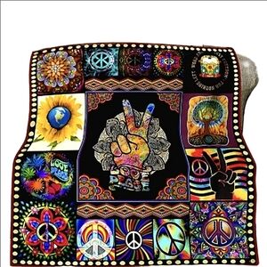 Soft Hippie Blanket Peace Sign Flower Power Cozy Fleece Twin Size Retro Decor